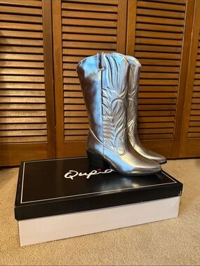 Qupid Metallic Silver Western-Inspired Mid-Calf Boot